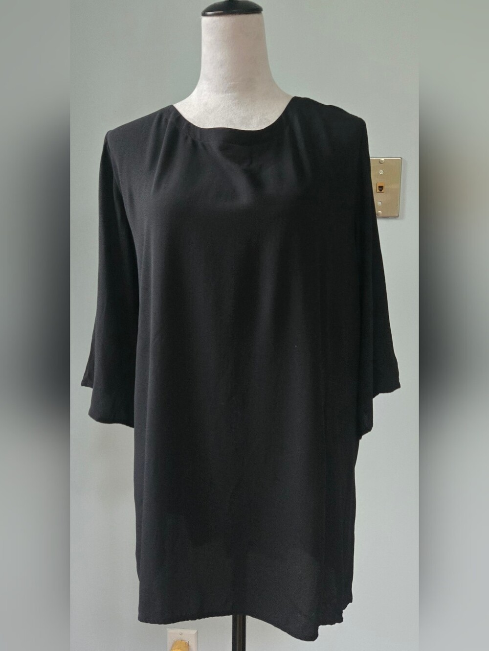 Eileen Fisher Black 100% silk Relaxed Round-Neck Tunic ¾ sleeve sz XL